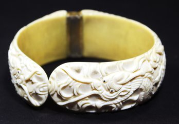 Vintage Carved Bakelite Type Plastic Hinged Clamper Bracelet W Chinese Dragon