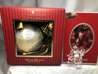 Two Wonderful WATERFORD Christmas Ornaments - Large Holiday Heirlooms Ball & Crystal Santa Claus - NICE !