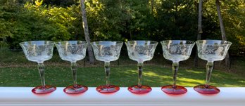 6 Vintage Etched Champagne/wine Glass With Ruby Glass Bottoms