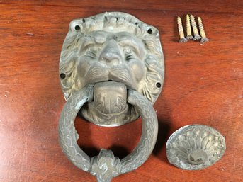 Large Vintage Solid Brass Lions Head Door Knocker With Brass Striker - Great Patina On Brass - We Have Screws