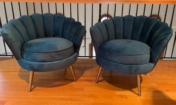 A Pair Of Contemporary-style Channel Back Chairs With Golden Metal Legs.