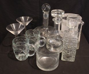 Mixed Bar Lot With Crystal Decanters, Vintage Cheers Mugs, Ice Buckets And Martini Glasses