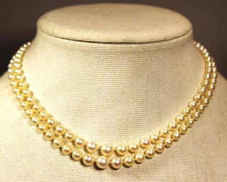 Very Fine Cultured Pearl Double Strand Necklace 14K White Gold Diamond Clasp