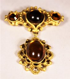 Gold Tone Amber Colored Stone Drop Brooch