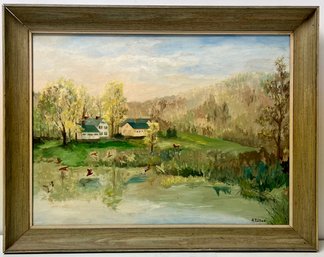 Vintage Oil On Canvas Painting - Fenns Pond - Middlebury CT - Alice Lamphier Tolles - Frame 21.5 X 27.25