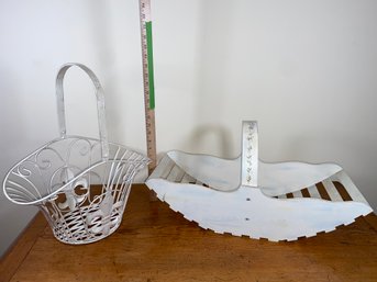Fleur De Lis Metal Basket 15x10x9' And Decorative Wooden Slatted Bottom Basket With Metal Handle 23x9.5x12'