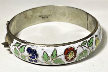 Vintage Siam Sterling Silver Enamel Multi Colored Floral Hinged Bangle Bracelet