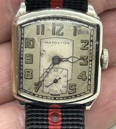 RARE 1928 Men's HAMILTON TONNEAU WRISTWATCH- 14K White Gold Filled Case- Running Order
