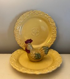 (2) 11' Yellow Embossed Dinner Plates And Ceramic Rooster