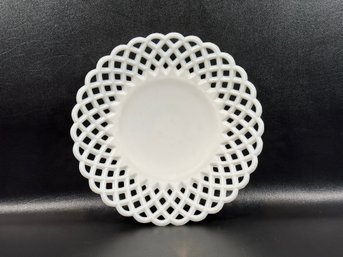 A Shallow Vintage Milk Glass Bowl With An Open-Lattice Rim