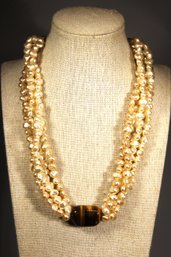 Faux Pearl Multi Strand Beaded Necklace Genuine Tiger's Eye