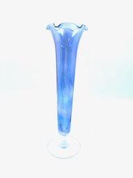 Hand-blown Blue Flash Glass Ruffle Top Bud Vase