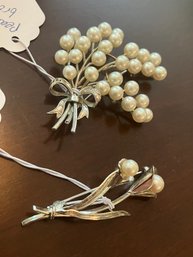 Vintage Brooches Of Pearl And Sterling Silver