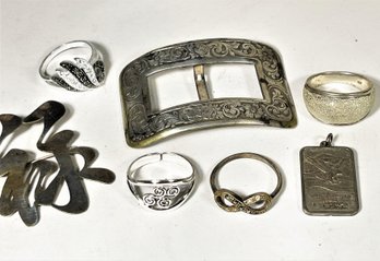 Lot Antique To Vintage Misc. Silver And Silver Plated Jewelry, Rings, Buckle Etc.
