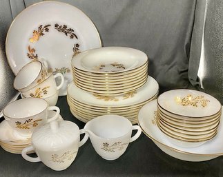 Vintage 37 Piece Milk Glass China Meadow Gold By Federal Glass