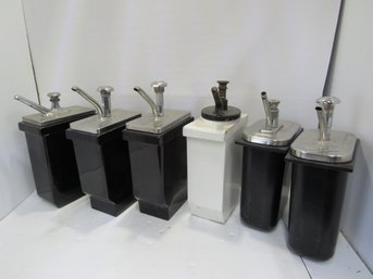 Lot Of Vintage Hall 4 Porcelain 2 Plastic Syrup Pump Dispenser Black / White Soda Fountain