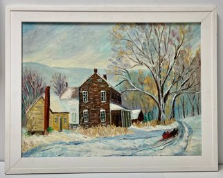 Vintage Oil On Board Painting - Sleigh Ride On A Winters Day In New England - Snow Scene - 21.75 X 27.5