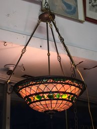Fantastic Leaded Glass Hanging Light Fixture - Great Colors - Has Nice Bronze Finish Metalwork And Border