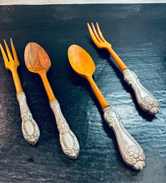 Vintage Sterling Silver And Wood 'Ancestry' Salad Serving Spoon And Fork Sets