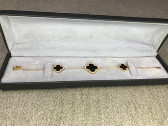 Fabulous VCA / Van Cleef Style Alhambra Bracelet - Sterling With 14K Gold Overlay - Black Enamel With CZs