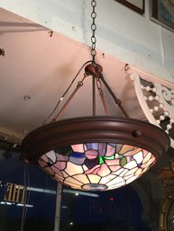 Lovely Leaded Glass Hanging Light Fixture - Very Pretty Floral Design - Bronze Patina Finish - Very Nice !