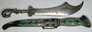 Vintage Letter Openers - WWII Era 1945 Napoli Naples Italy Engraved Sword - Brass & Enamelled Dagger In Sheath
