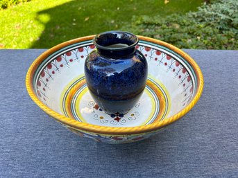 Italian Painted Bowl And Cobalt Vase