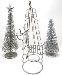 Christmas Decorations: Silver Trees, Vintage Card Holder & Reindeer Candle Holder