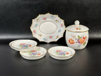 A Pretty Set Of Compatible Vintage Bone China: Coasters, Trinket Dish & Jam Jar