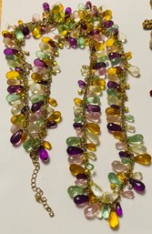 FUN ~ GOLD TONE MULTI COLOR TEAR DROP FACETED PLASTIC BEAD NECKLACE 38' LONG