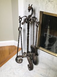 Fantastic Vintage Hand Made Wrought Iron Fireplace Set With Dragons Head - Set Is All All Hand Wrought !