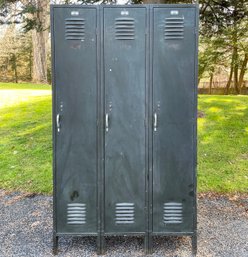 A Bank Of 3 Large Vintage Lockers, C. 1940's By Berger Manufacturing/Republic Steel - From Old Brooklyn Gym