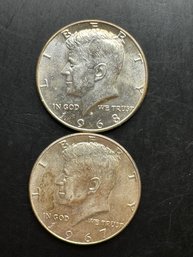 2 Kennedy Silver Half Dollars 1967, 1968-D