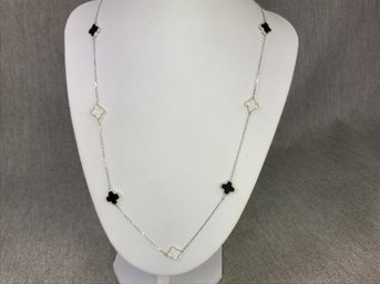 Fabulous Van Cleef / VCA Alhambra Style Extra Long Sterling Necklace With Black Enamel And CZs - 28' Long