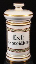 19th Century French Porcelain Apothecary Jar Ext: De Scoidium With Christie's Auction Tag On Lid Oct. 84