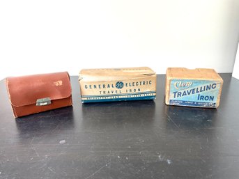 Three Vintage Electric Travel Irons Including Two Clem - Clayton Lewis & Miller, Made In England