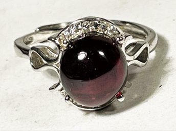 Fine Sterling Silver Cabochon Garnet And Diamond Ladies Ring About Size 7 (fit Any Size)
