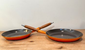 Pair Of Vintage Le Creuset Enamel Cast Iron Saute Pans With Wood Handles