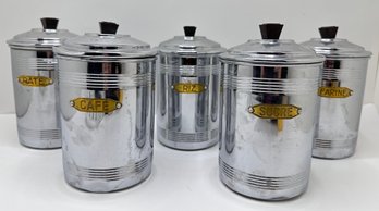 5 Villedieu France Metal Canisters For Riz, Sucre, Farine, Pate & Cafe