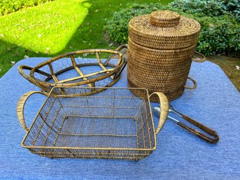 Rattan Ice Bucket With Tongs, Two Cool Baskets