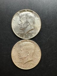 2 Kennedy Silver Half Dollars 1967, 1968-D