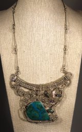 Ethnographic Silver Wire Bib Necklace Having Large Turquoise Stone Gemstones