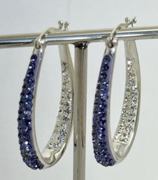 SILVER PLATED PERIWINKLE AND CLEAR CRYSTAL HOOP EARRINGS