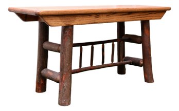 Rustic Hickory Wood Farm Bench With Log Legs And Ladder Spindle Stretcher $409