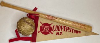 Vintage Baseball Lot - Doubleday Batting Range Slugger 125 Mini Bat - Cooperstown NY Pennant - Old Signed Ball