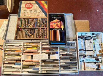 Incredible Group Of Art Supplies, Pastels, Colored Pencils And Acrylic Paints