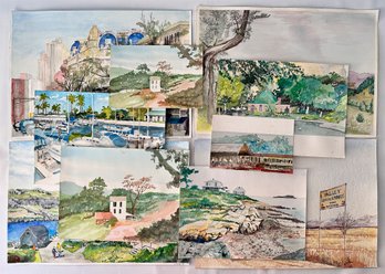 10 George Yourke Original Watercolor Country & City Paintings, Some Signed, Unframed