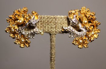RARE Gold Tone Rhinestone Vintage Dragon Face Ear Clips Christian Dior For KRAMER