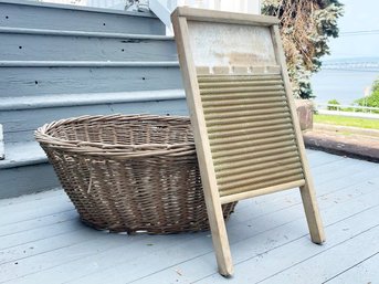 An Antique Wash Board And Basket