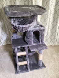 Awesome Kitty Cat House / Cat Condo - All Upholstered In Gray Plush Fabric And Even Has Hammock - WOW !